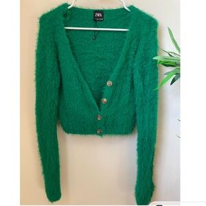 Green Zara fuzzy cardigan